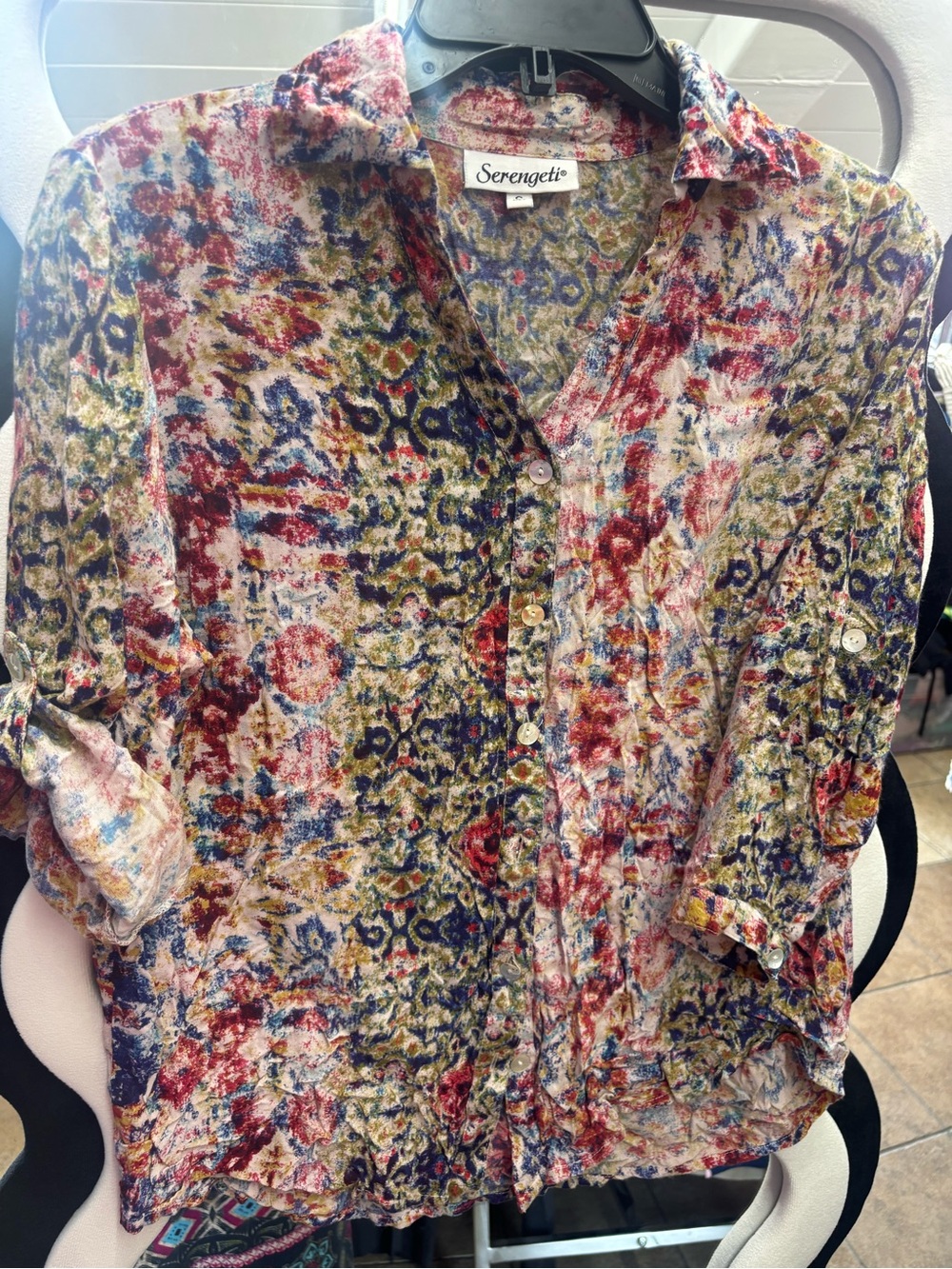 Serengeti Multicolor Printed Button-Up Blouse - Red, Blue, Green, Cream